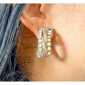 vtg‎ 60s statement clip on earrings goldtone rope square rhinestone glam party